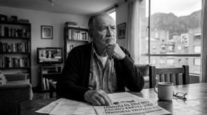 Fotografía en blanco y negro de un adulto mayor pensativo sentado a una mesa de madera leyendo un periódico con el titular «LA REFORMA PENSIONAL: ¿QUÉ PASARÁ CON TU FUTURO?». Junto al periódico hay una taza de café y unas gafas de lectura, con un ventanal de fondo.