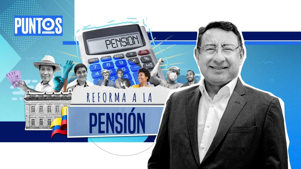 Collage gráfico promocional para la 'Reforma a la Pensión'. En el centro, el texto 'REFORMA A LA PENSIÓN' en azul. A la derecha, un hombre sonriente en traje. Al fondo, una calculadora con 'PENSIÓN' en la pantalla y un grupo de personas mayores de aspecto diverso. Un icono de verificación azul en la esquina superior derecha.