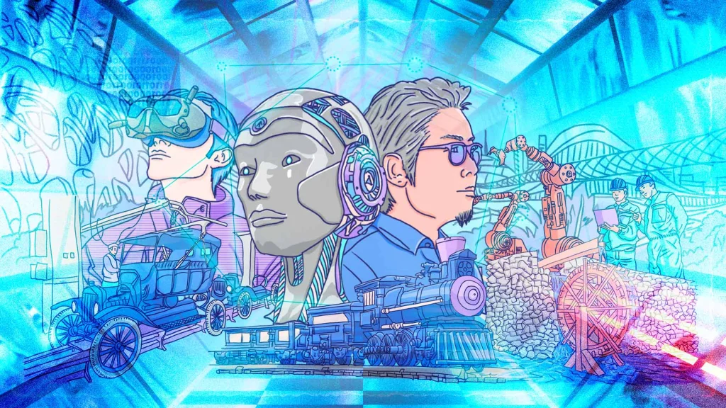 Ilustración neón con androide y perfiles humanos sobre un tren futurista, mostrando la etica de la inteligencia artificial y riesgos de la IA.