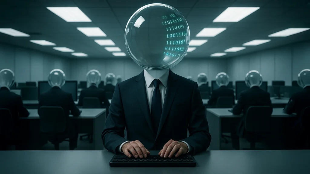 Inteligencia artificial y pensamiento crítico. Hombre con cabeza de burbuja.