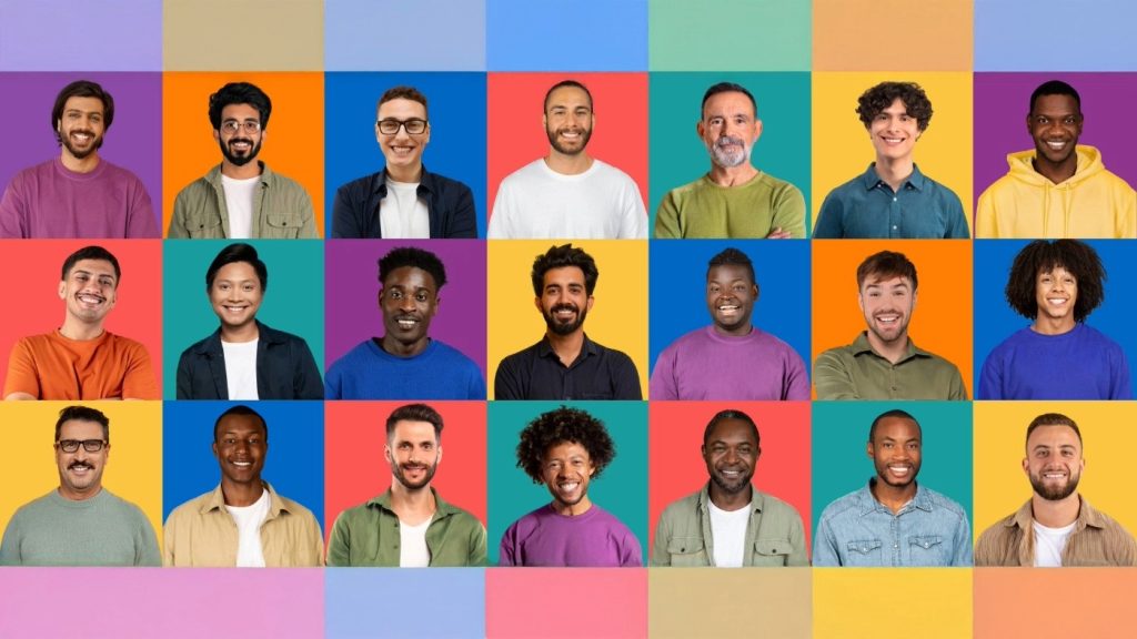 Varios hombres en un fondo multicolor