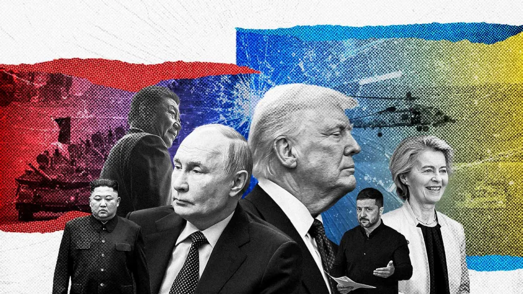 Ilustración de líderes mundiales en torno a la guerra Rusia Ucrania y sus tensiones geopolíticas.