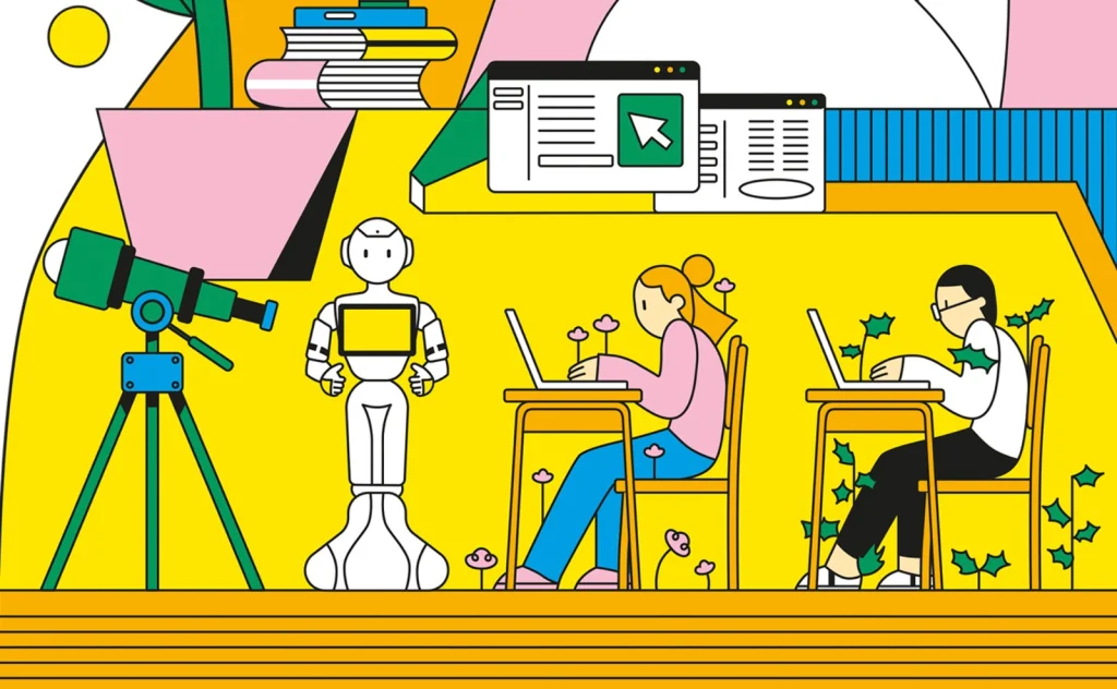 IA en la educación con una profesora interactuando con una pantalla digital junto a libros y material educativo