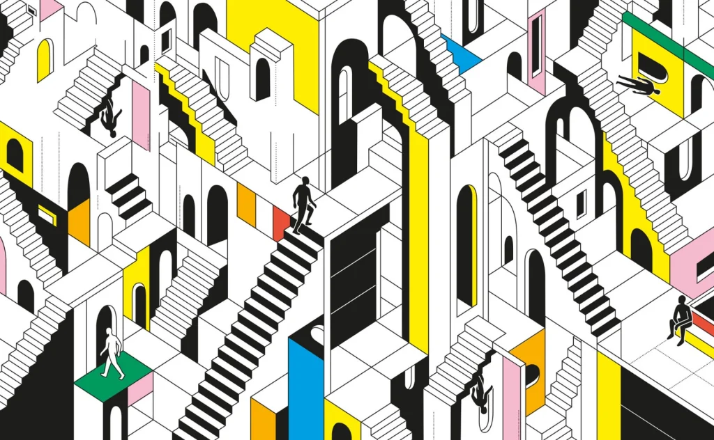 Problemas y desventajas de la inteligencia artificial representados en una ilustracion de escaleras y caminos entrecruzados con personas en una estructura laberintica