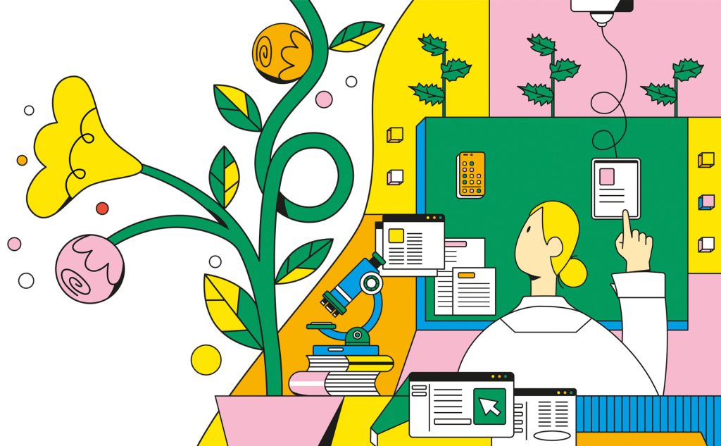Ilustración de una mujer con bata frente a un computador, con flores y plantas creciendo alrededor