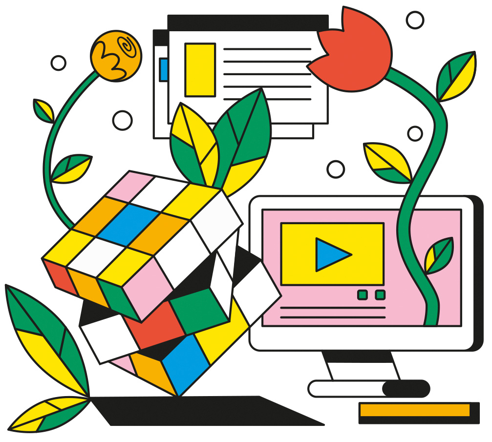 Iliustración de una pantalla de computador, un cubo Rubick y flores