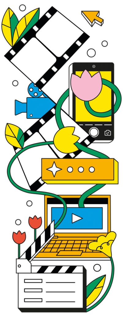 Ilustración de un PC, una claqueta de cine, una pantalla de celular y cinta de video, todo enredado entre ramas y flores